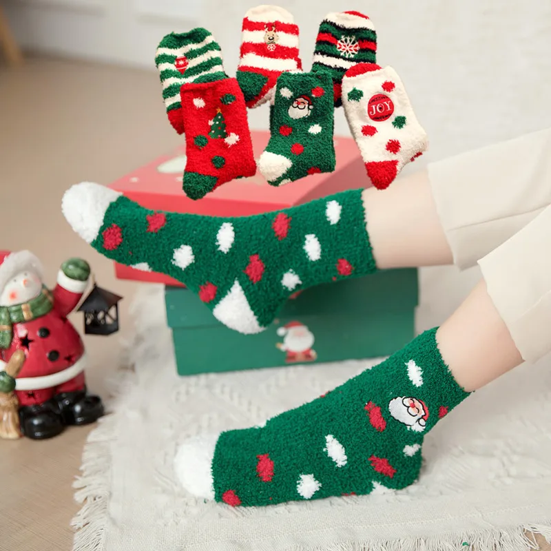 

Winter Warm Fluffy Fleece Thick Red Green Embroidery Christmas Floor Socks Gift Box Women Men Unisex