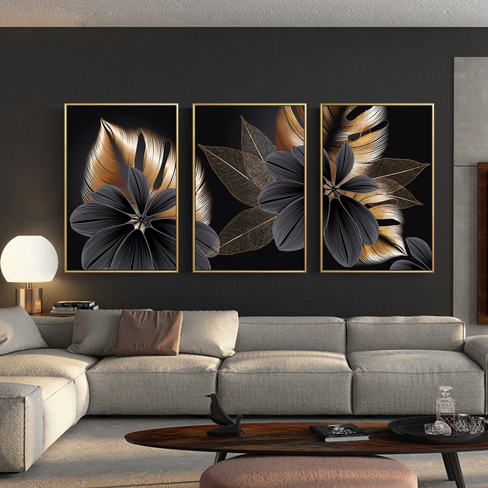 Плакат на холсте с изображением листьев черного золотого растения абстрактная