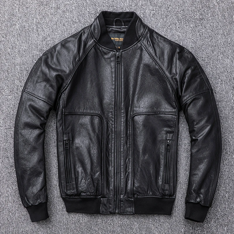 

Мужская короткая бейсбольная куртка, повседневная облегающая куртка из 2021 натуральной овечьей кожи растительного дубления, с эффектом пот...