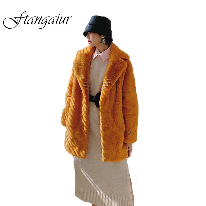

Ftangaiur New Winter Import Velvet Mink Fur Coat Turn-Down Collar Striped Mink Coat Women Medium Natural Real Mink Fur Coats