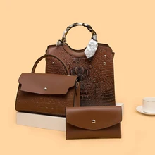 FUNMARDI Luxury 3PS Crocodile Handbag Round Large Shoulder Bag Silk Scarf Crossbody Bag Female Retro Design Tote Bag WLHB2646