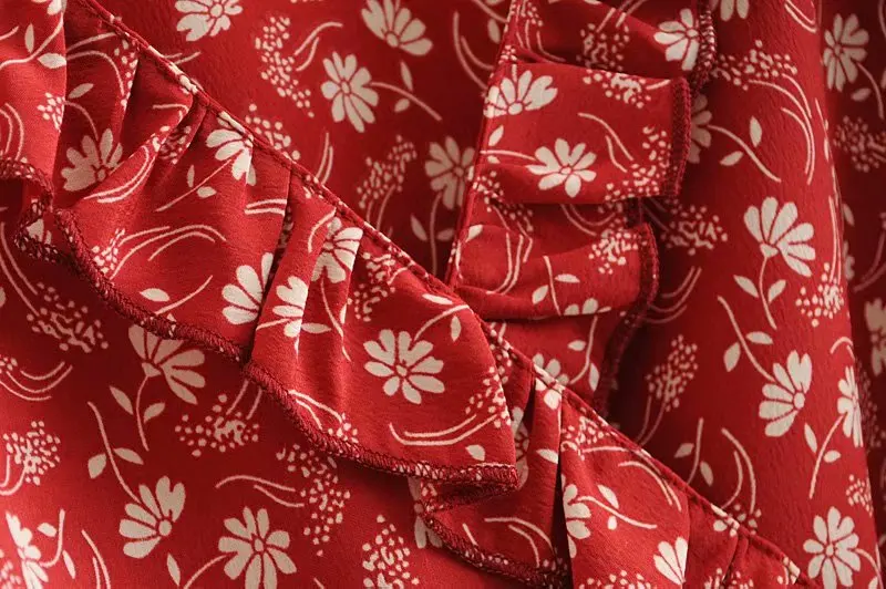 Bazaleas Vintage Red Floral Print blusas mujer de moda 2020 Ruffles V Neck Wrap women Blouse Holiday Shirt | Женская одежда
