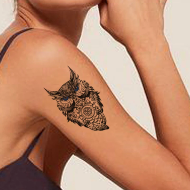 

Black Owl Totem Waterproof Temporary Tattoo Sticker Blue Eyes Design Fake Tattoos Flash Tatoos Arm Neck Body Art for Women Men