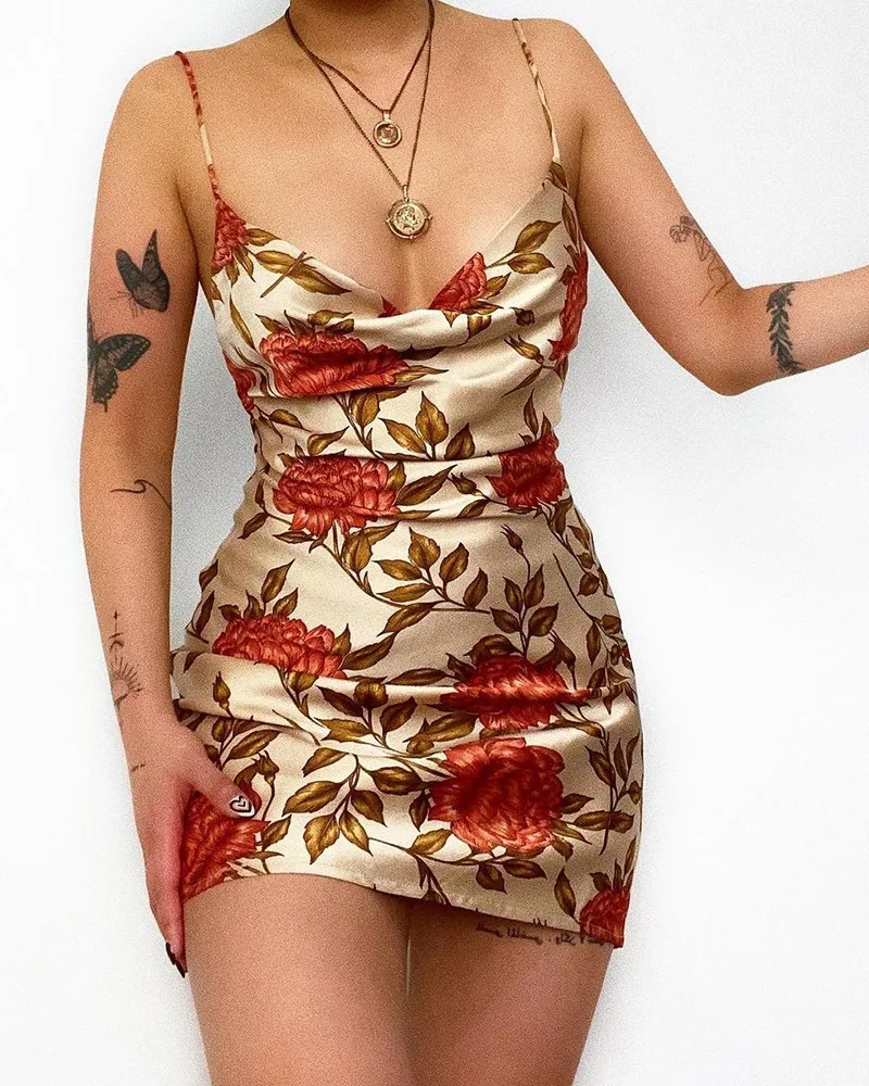 

Elegant Dresses for Women Fashion Cowl Neck Floral Leaf Print Satin Sexy Dress 2021 Summer Casual Ladies Wear