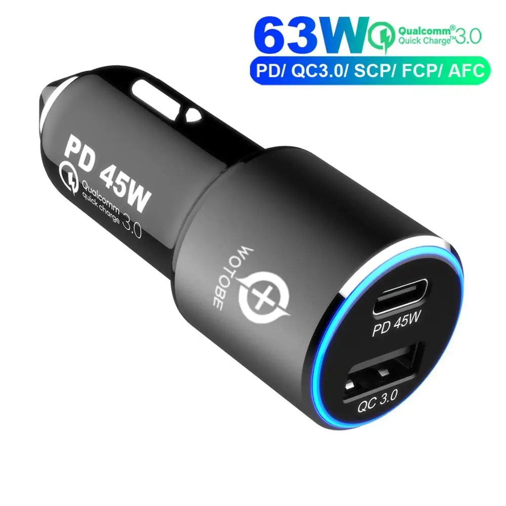 63W Car Charger 78 Вт супер быстрое автомобильное зарядное устройство, 1 порт PD60W/45 W/30 W/18 W, 1 порт QC3.0 для USB C Thunderbolt 3 интерфейс ноутбука зарядки планшета/iphone11 - Тип штекера: 63W Car Charger