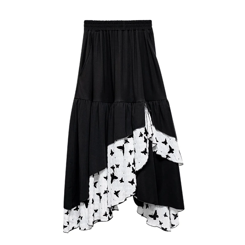 

CHICEVER Designer Skirt For Women High Waist Patchwork Ruffle Hit Color Ruched Plus Size Asymmetrical Hem Skirts Female 2021 New