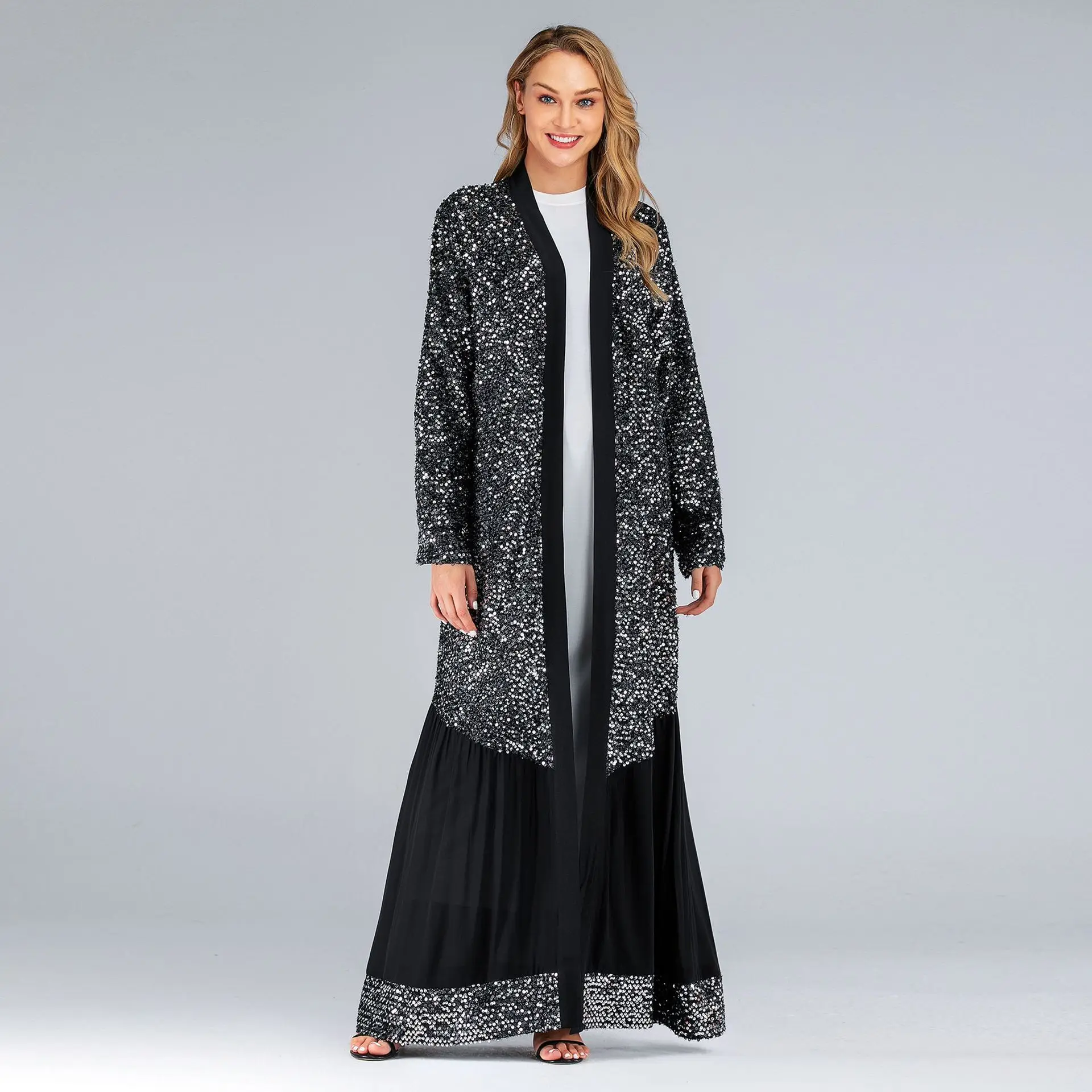 

Caftan марокканский кафтан Дубай турецкий ислам одежда для женщин черные блестки открытая абайя кимоно мусульманское платье Abayas хиджаб плать...