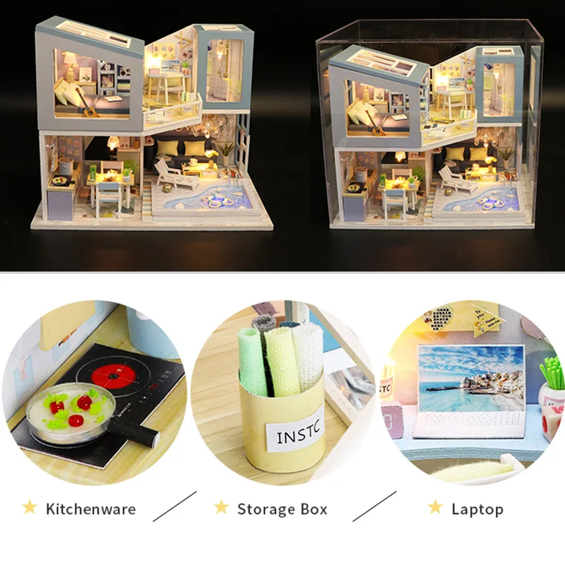 

Miniature Super Mini Size Doll House Building Model Kits Wooden Furniture Toys DIY Dollhouse Blue and White Villa Toys for Kids,