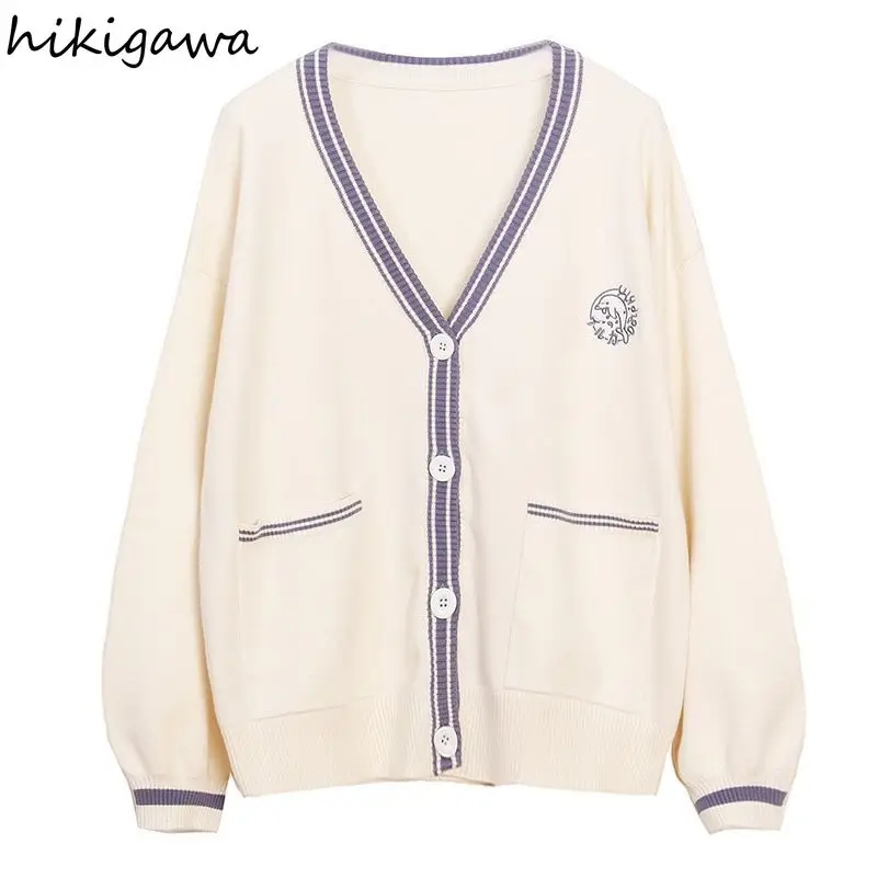 

Hikigawa Fall 2021 Women Clothing Oversized Cardigan Japanese Fashion Knitted Embroidey Knit Sweater Coat Preppy Style Tops Coat