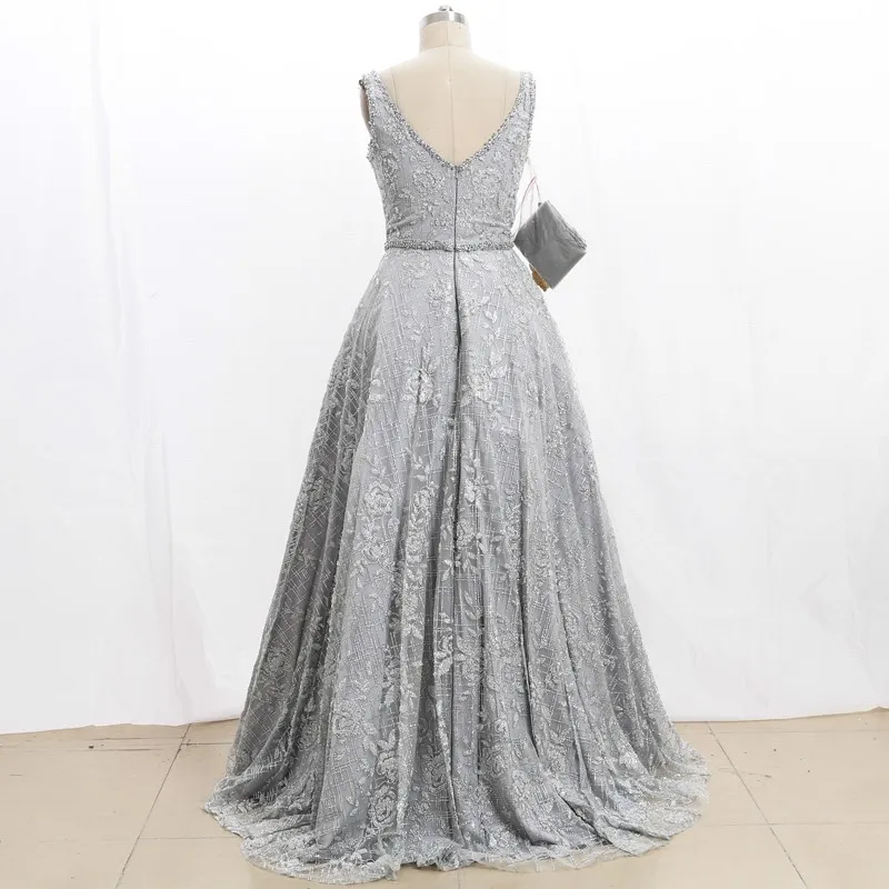 Kisswhite Stock Clean Prom Gowns V Neck 2021 Gray Sleeveless Applique Sashes Lace Up Back Formal Dress Long 210219-088