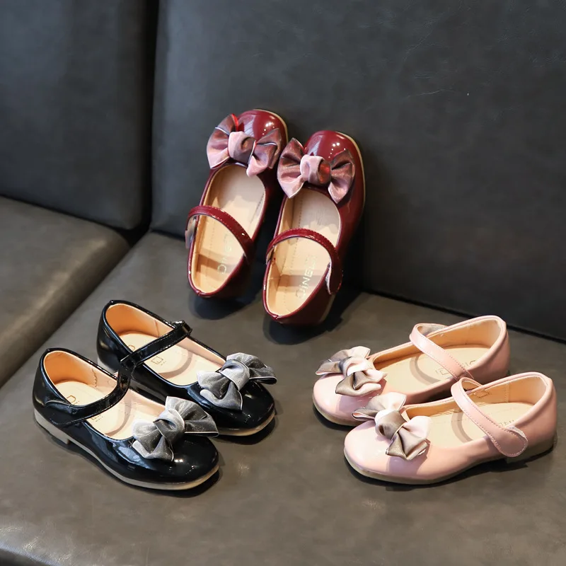 

Spring Autumn Fashion PU Leather Flats For Girls With Bow-knot Hook & Loop Rubber Kid Shoes For Girl Soft Casual Sweet Shoes