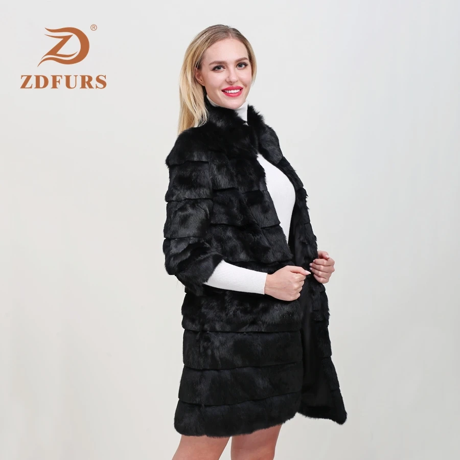 ZDFURS* 2019 New Winter Real Rabbit Fur Jacket Warm Soft Long Fur Coat Women Rabbit Fur Coat Detachable Overcoat Jacket
