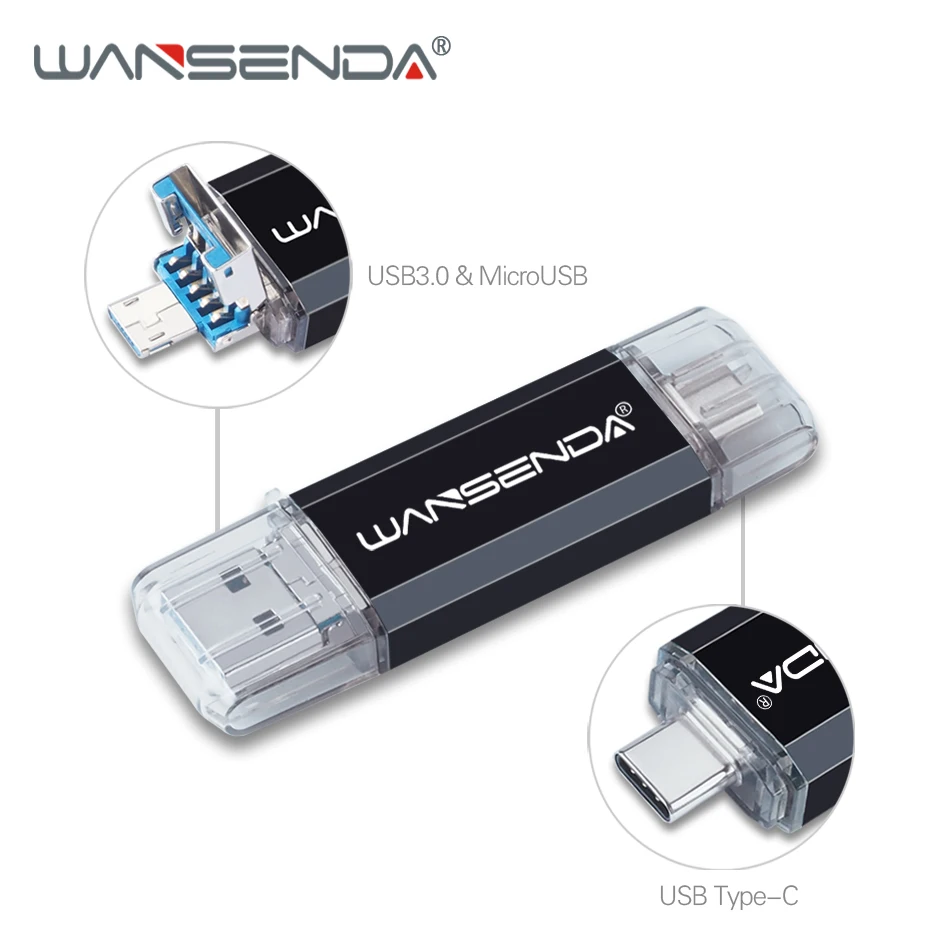 WANSENDA USB флеш-накопитель 3 в 1 USB 3,0& type-C Micro OTG флеш-накопитель 16 ГБ 32 ГБ 64 Гб 128 ГБ 256 ГБ Флешка флеш-карта памяти - Цвет: Черный