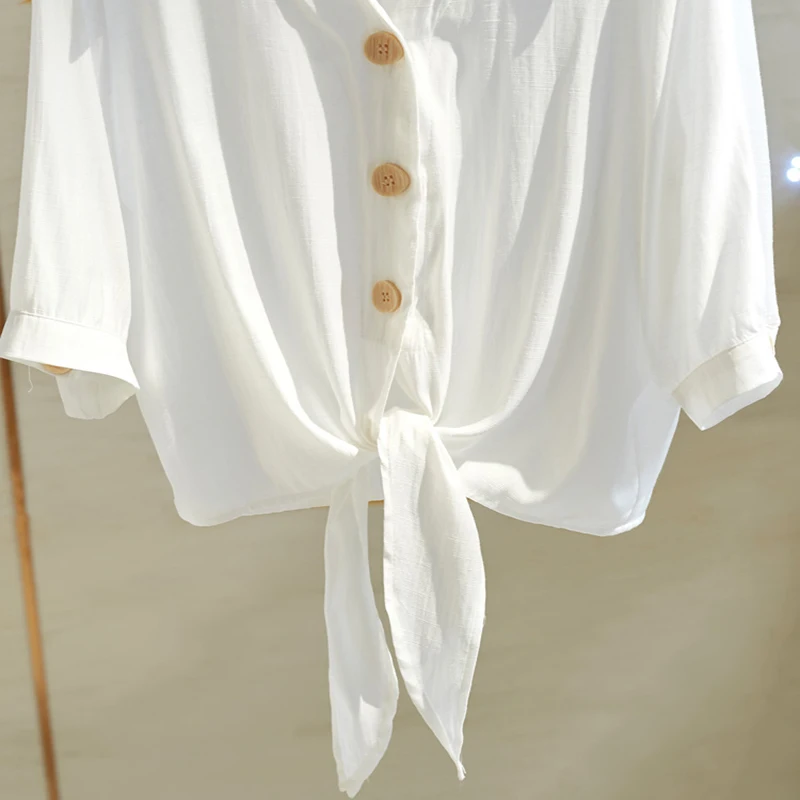 

Short Mouwen White Shirts Women 2020 Summer Closed Shirt Top Tied Tail Elegant Women Blouses Cropped Loose Blouse Tops