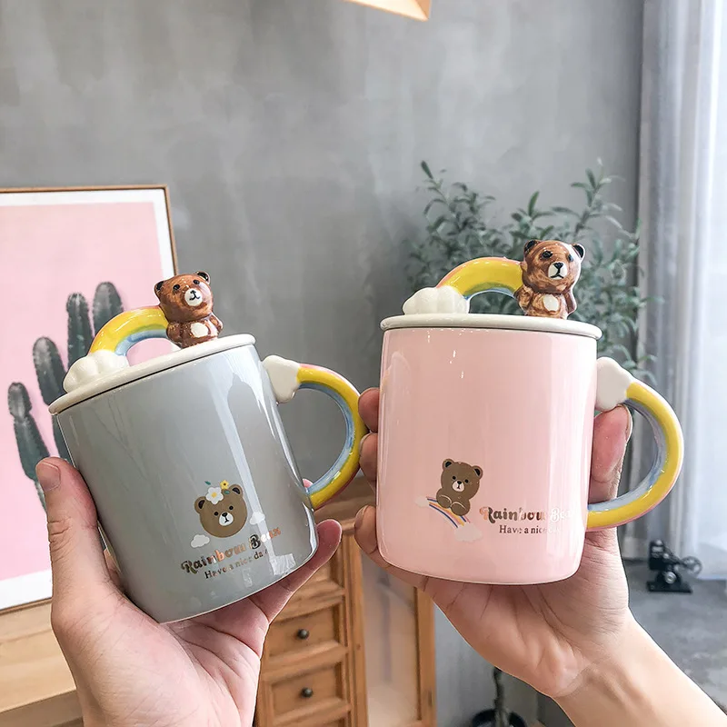 Кофейная кружка в Корейском стиле с радужным мультяшным медведем 400 мл