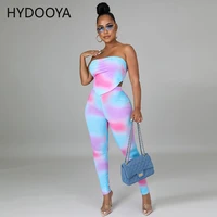 casual outfit tie dye print womens clothes matching set wrap chest backless crop top high waist pencil legging y2k two piece set