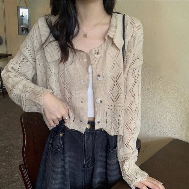 

Kimutomo Chic Hollow Out Short Cardigans Women Autumn Korea Knitwear Fashion Female Solid Color Long Sleeve Single Breasted Top