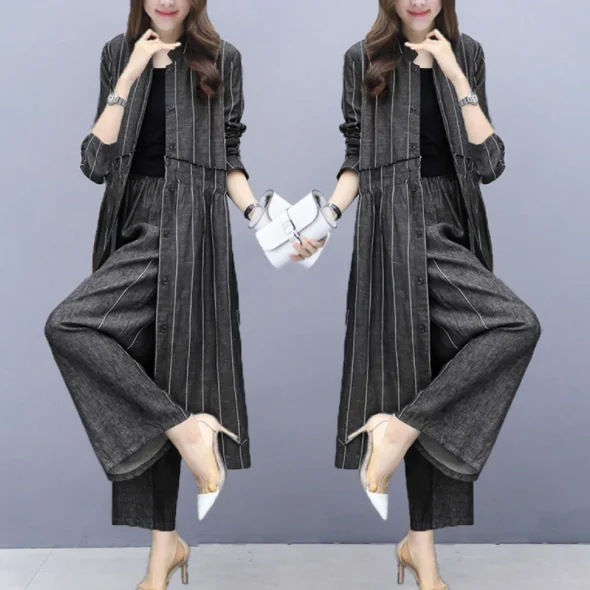 Женский брючный костюм в полоску повседневный свободный комплект из двух