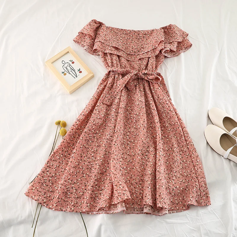 

2019 new fashion women's dresses Fresh Ruffled waist slimming straps bow chiffon floral dress G968