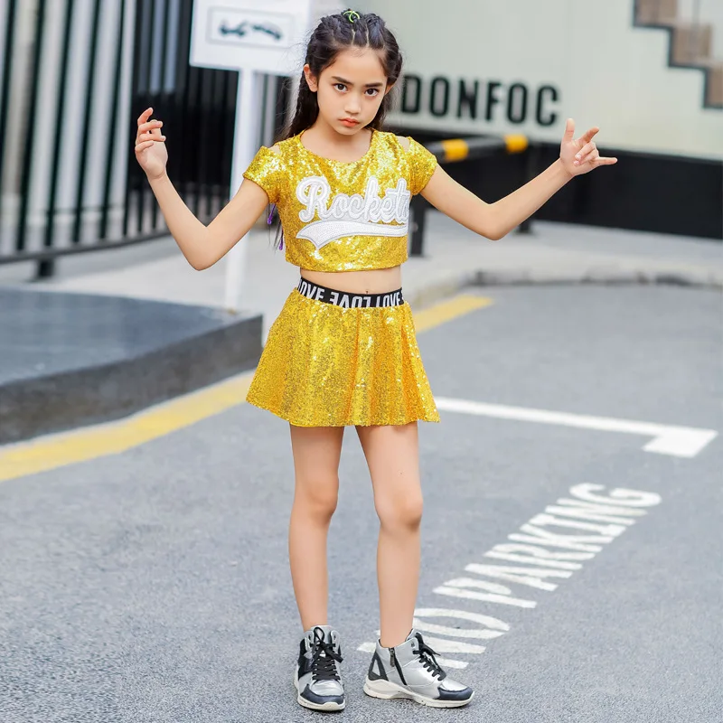 

Children Jazz Dance Set Boys Girls Sequins Navel Outsuit Carnival Hip Hop Dance Costume 2pcs Stage Performance Cheerleader Wear