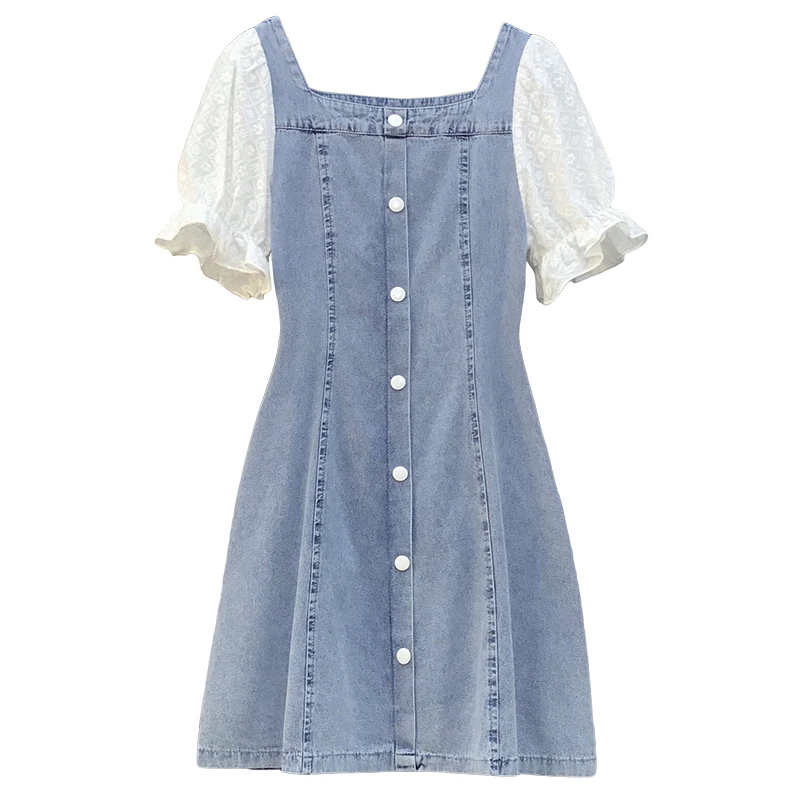 

L-5xl plus size women fashion denim dress elegant casual short sleeve one neck lace Patchwork Summer dresses female vestidos