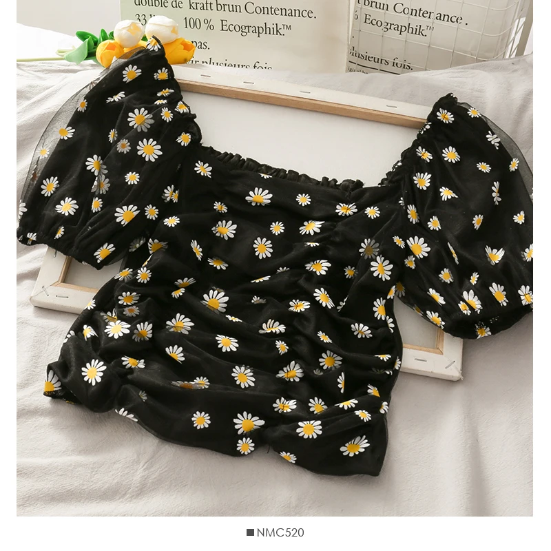 Summer Sweet Fairy Vintage Top Female Short Slash Neck Off Shoulder Puff Sleeve Shirts Women Mesh Chiffon Embroidery Blouses