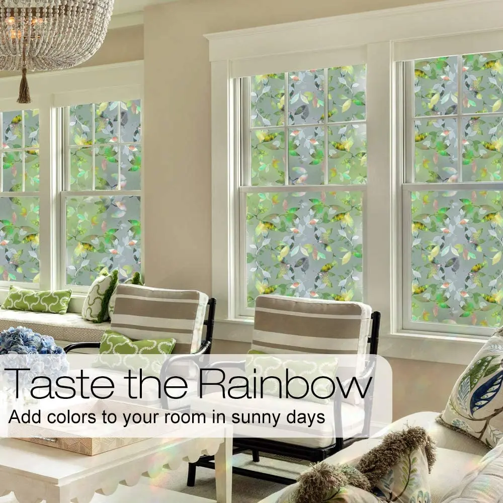 

2 Meter Stained Decorative Window Self Adhesive Film Static Cling Privacy Glass Sticker No Glue 3D Rainbow Leaf Effect for Home