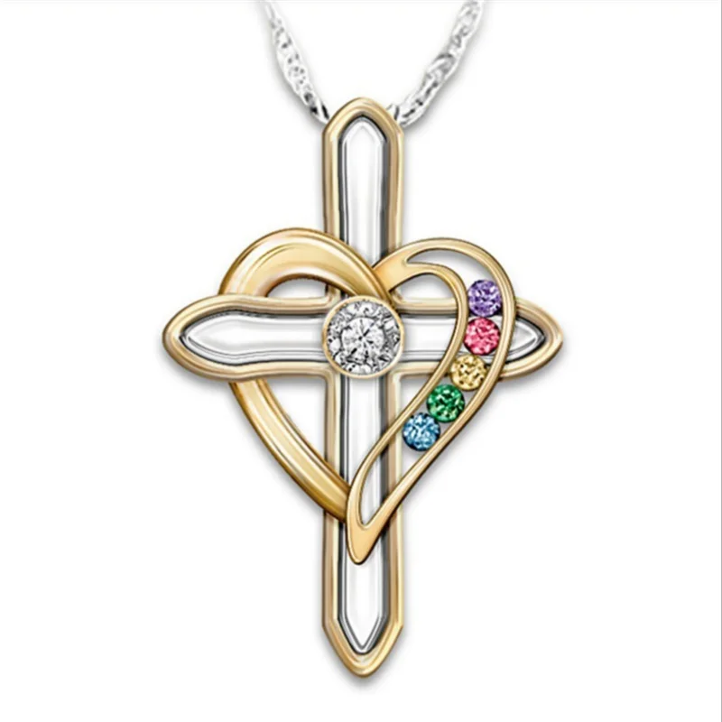 

Fashion creative classic simple cross multicolor zircon pendant women's party holiday gift jewelry necklace wholesale