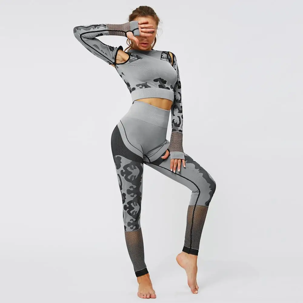 

Sport Fitness Seamless Set Suit Camouflage Workout Clothes Gym Women Leggings Long-sleeved tracksuit sexy two piece set