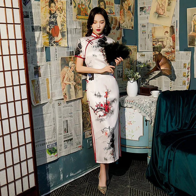 

Women Traditional Long Print Flower Retro Slim Qipao Mandarin Collar Cheongsam Summer Party Evening Dress S M L XL XXL 3XL 4XL