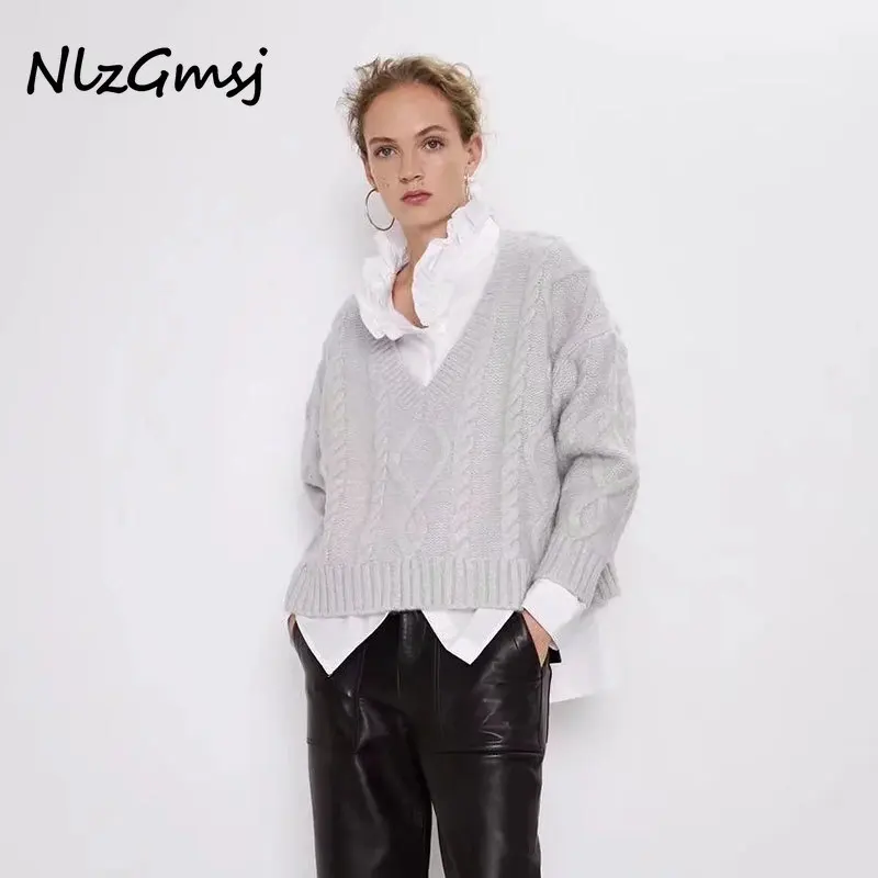

Женский свитер Nlzgmsj Za осень-зима 2021, женские винтажные вязаные свитера с геометрическим рисунком, женский свитер с длинным рукавом и V-образн...