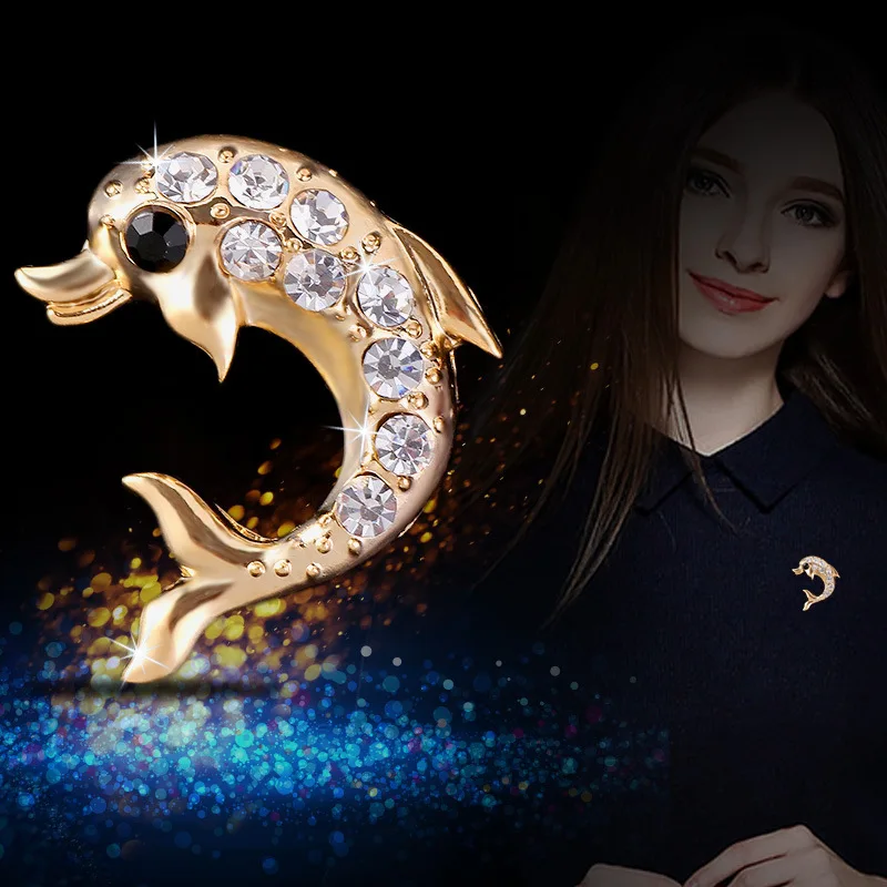 

Cute Gold Dolphin Animal Brooches for Women Exquisite Zircon Badge Safety Pin Suit Shirt Sweater Coat Accessories Party Gift
