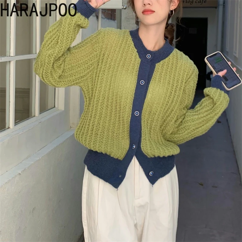 

Женский вязаный свитер Harajpoo, Зеленый свободный винтажный кардиган в Корейском стиле, весна-осень 2021