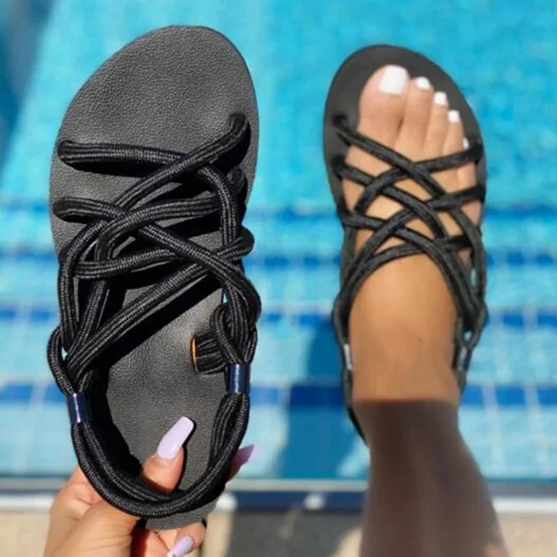 

Women Beach Sandals Rope Shoes Soft Open Toe Solid Gladiator Sandals Slip On Vogue Flats Footwear Summer Light Shoes Woman