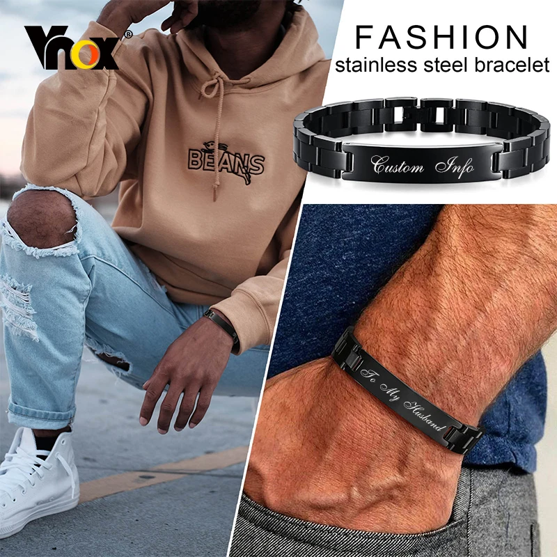 

Vnox Personal Engrave ID Bracelets for Men, Black Stainless Steel Tag Watchband Wristband Jewelry, Custom Gift to Him