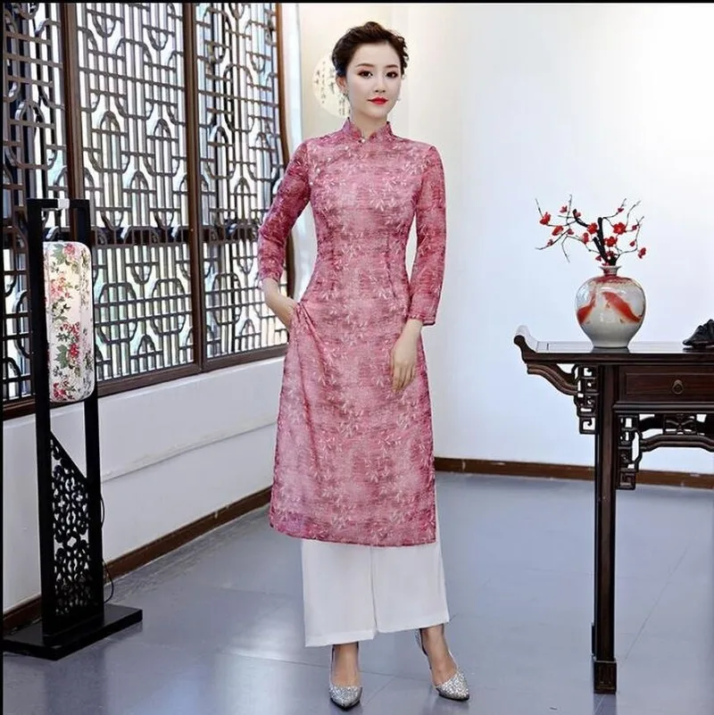 Весенние традиционные вьетнамские китайские брюки Ao dai женские костюмы Qipao |