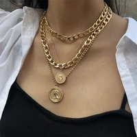2021 new personality retro clavicle chain multi layered wearing round brand pendant necklace female fashion hip hop accessories
