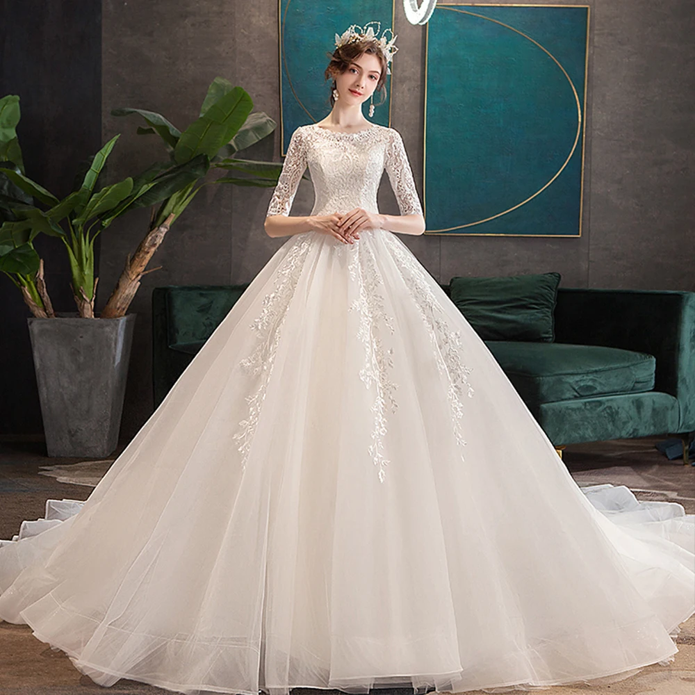 

2022 Half Sleeve Wedding Dresses With Chapel Train Vestido De Novia Bohemio Lace Up Back Appliques Princess Bridal Gowns Alibaba