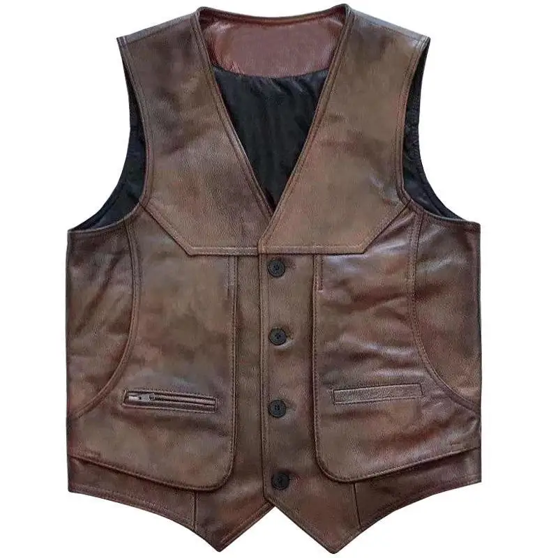 

New Arrival Cowhide Genuine Leather Vest Motorcycle Mens Slim Fit Real Brown Cow Leather Waistcoat Bikers Vest Size L-8XL jacket