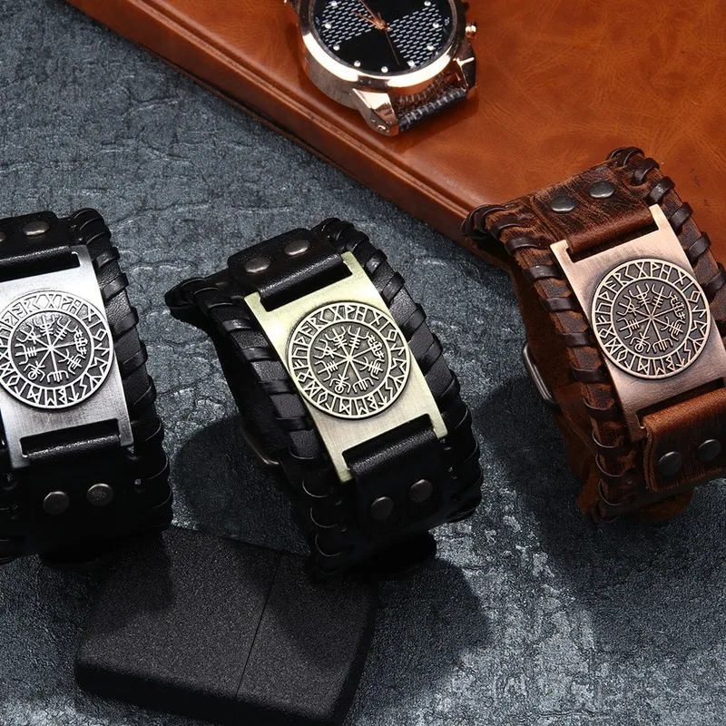 Винтажный Браслет Viking Compass из натуральной кожи для мужчин нордические руны