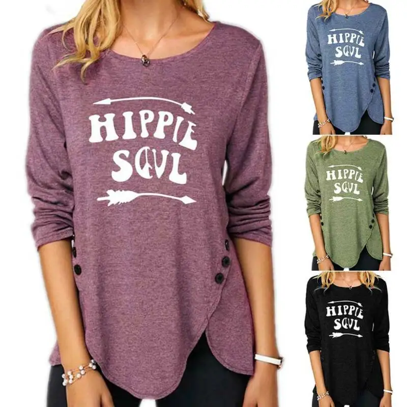 

Women Printed Irregular Hem Baggy Blouse T-shirt Loose Tee Autumn Tops Plus Size