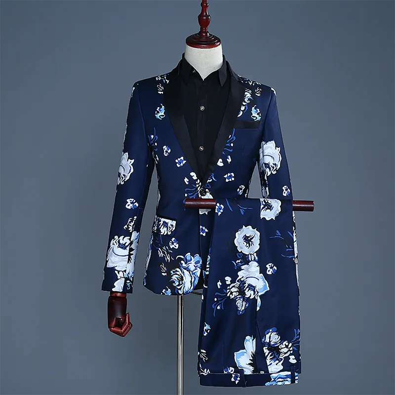 Tide Men Plus Size Navy Blue Floral Print Fashion Casual Suits Latest Coat Pant Designs Wedding Groom Stage Costume