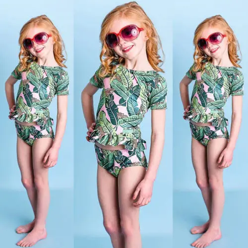 Новый стильный комплект одежды с зелеными листьями для маленьких девочек летняя