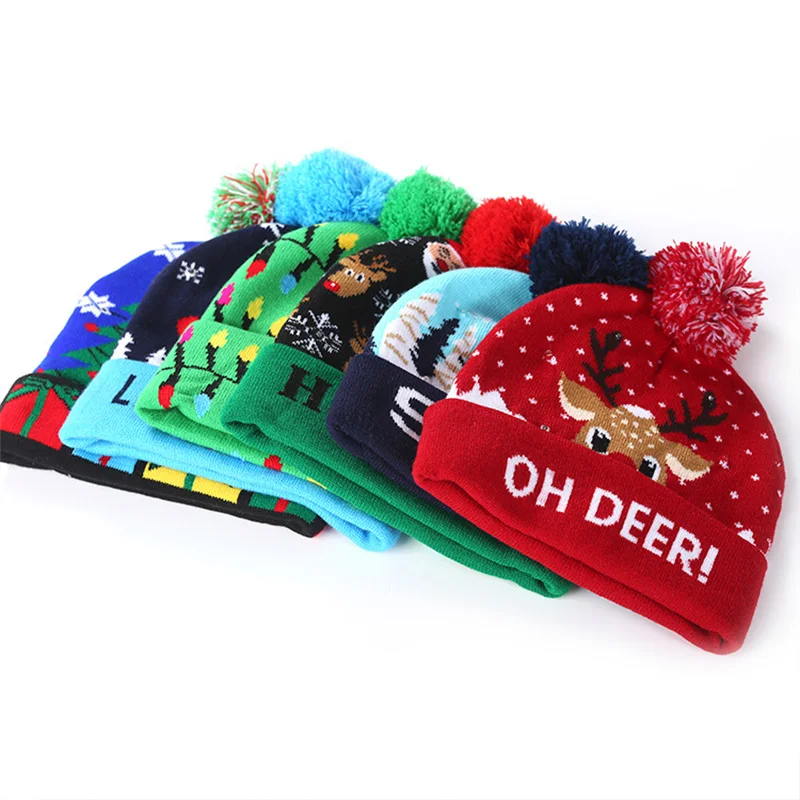 

Christmas new cuffed knit hat with ball and LED colorful dazzling lights adult children's Halloween decorative hat