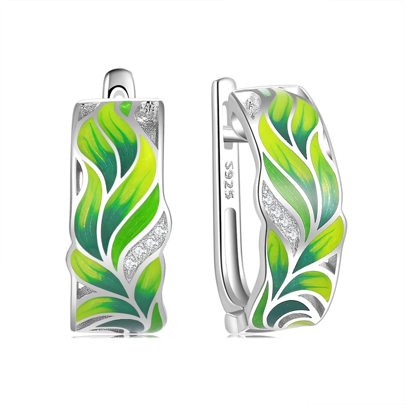 Женские серьги-гвоздики из серебра 100% пробы с зелеными водными растениями |