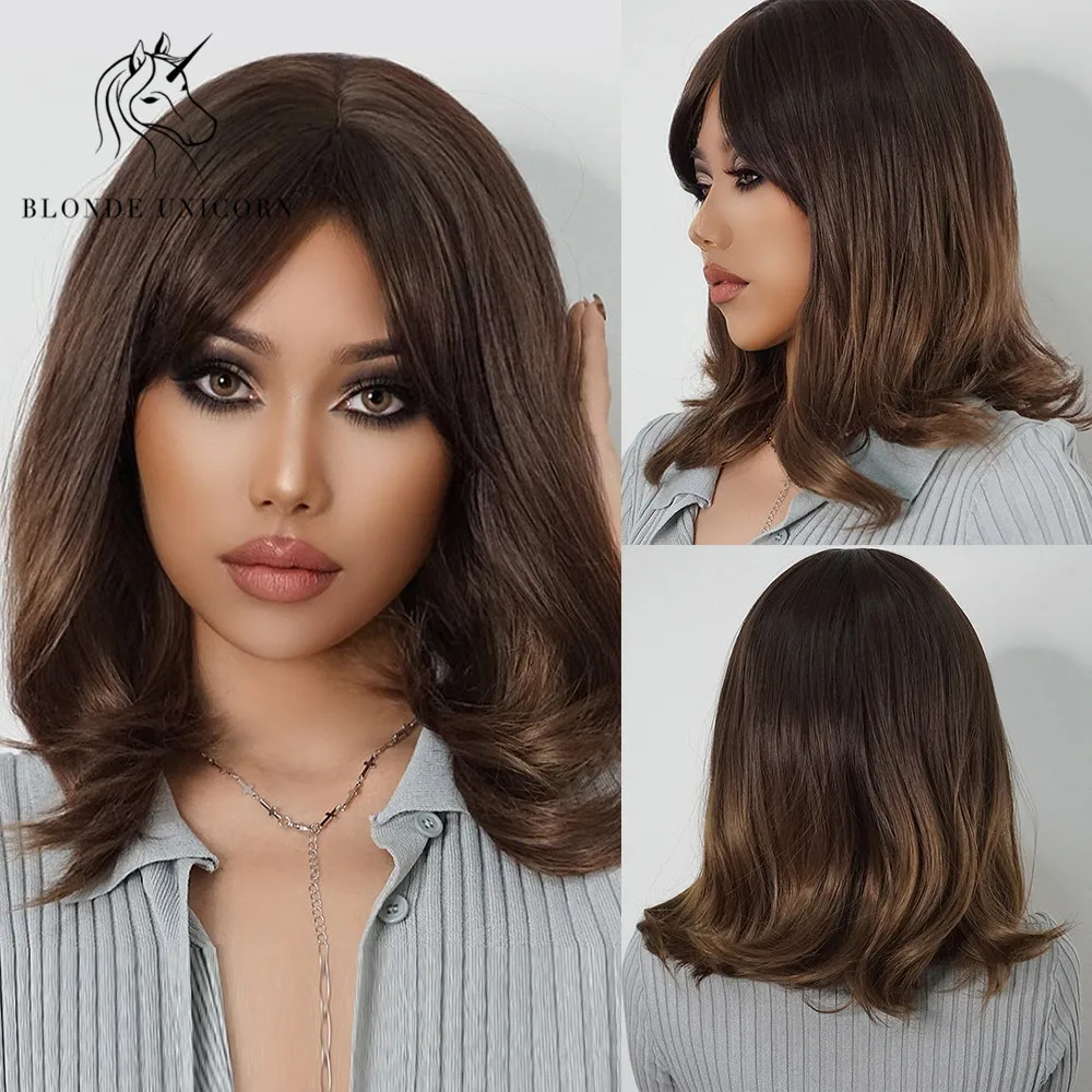 Blonde Unicorn Ombre Brown Short Wavy Bob Synthetic Wigs with Bangs Women Shoulder Length Cosplay Hair Wig Heat Resistant Fiber