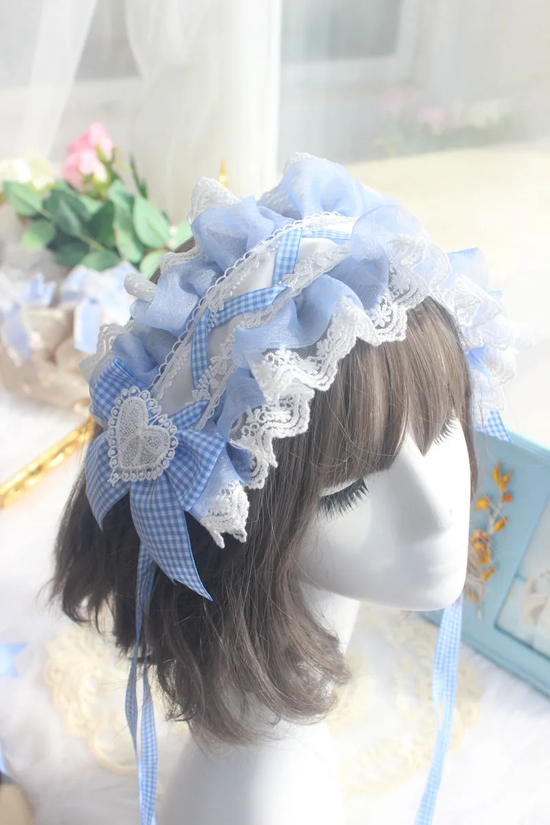 

Origional Handmade Rabbit Eared Lolita Blue Plaid Edge Clip Hairband Ornament