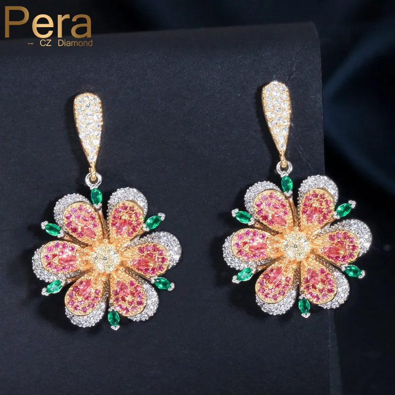 

Pera Elegant Big Dangle Flower Rose Red and Green Cubic Zirconia Long Drop Earrings for Women Party Jewelry Accessoies E099