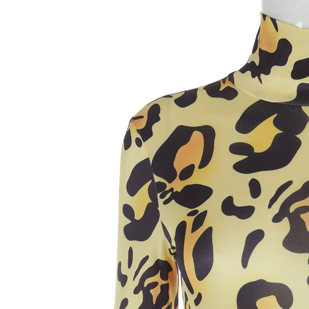 

sexy skinny women jumpsuits yellow leopard printed spring 2021 new chic trutleneck female rompers one piece playsuits casual