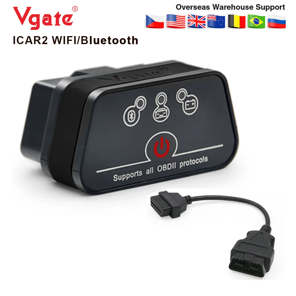 Vgate iCar2 ELM327 obd2 Bluetooth сканер elm 327 Wi-Fi диагностический инструмент для android/PC/IOS считыватель кодов+ 16-контактный удлинитель